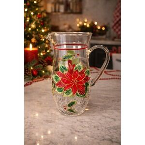 Vintage Poinsettia Glass Pitcher 72 oz Hand Painted Crackle Glass